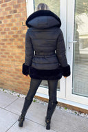 Black Faux Fur Trim Belted Jacket