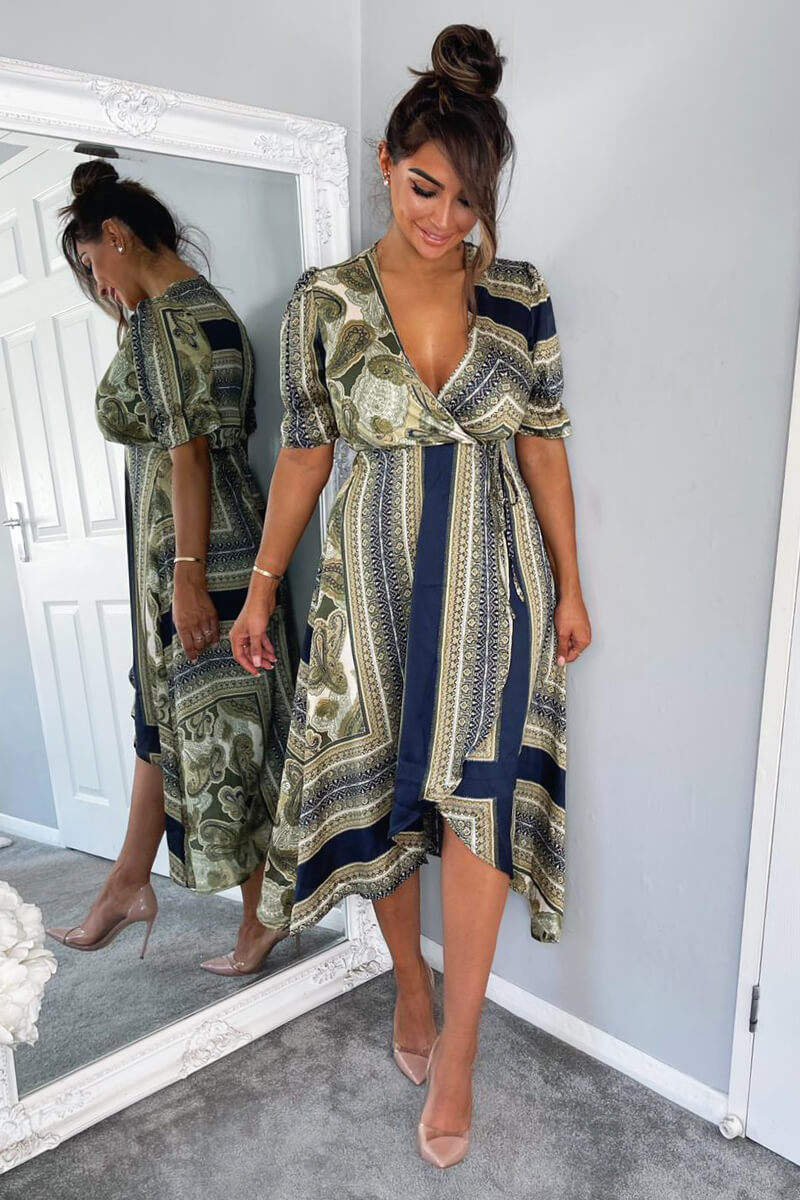 Khaki Scarf Print Wrap Midi Dress