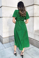 Green Printed V-Neck Short Sleeve Midi Dress