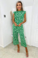 Green And White Animal Print Frill Front Jumpsuit