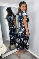 Navy Marble Print Short Sleeve Ruffle Midi Dress