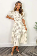 Cream And Brown Polka Dot Midi Smock Dress