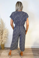 Navy and White Printed Wrap Over Frill Sleeve Jumpsuit