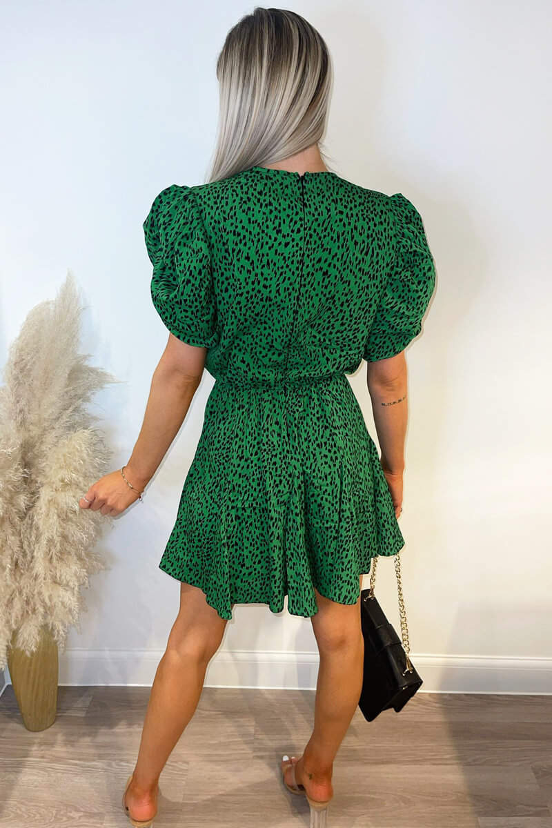 Green Printed Puff Sleeve Pleated Mini Dress