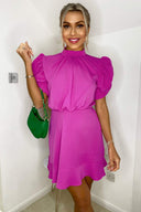 Hot Pink High Neck Puff Sleeve Skater Dress