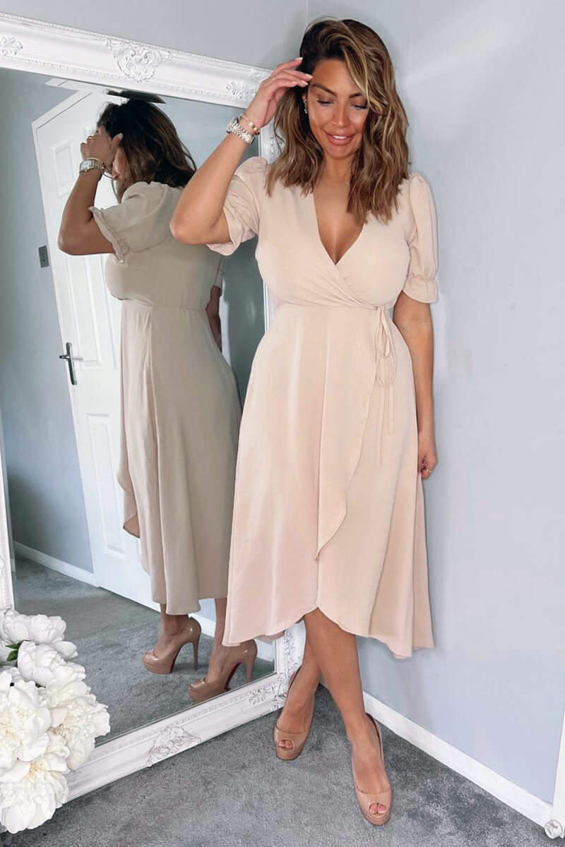 Nude Wrap Side Tie Midi Dress