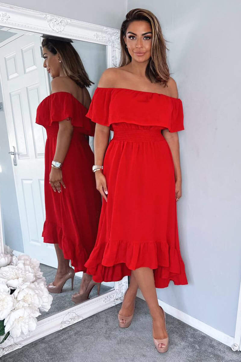 Red Bardot Style Midi Dress