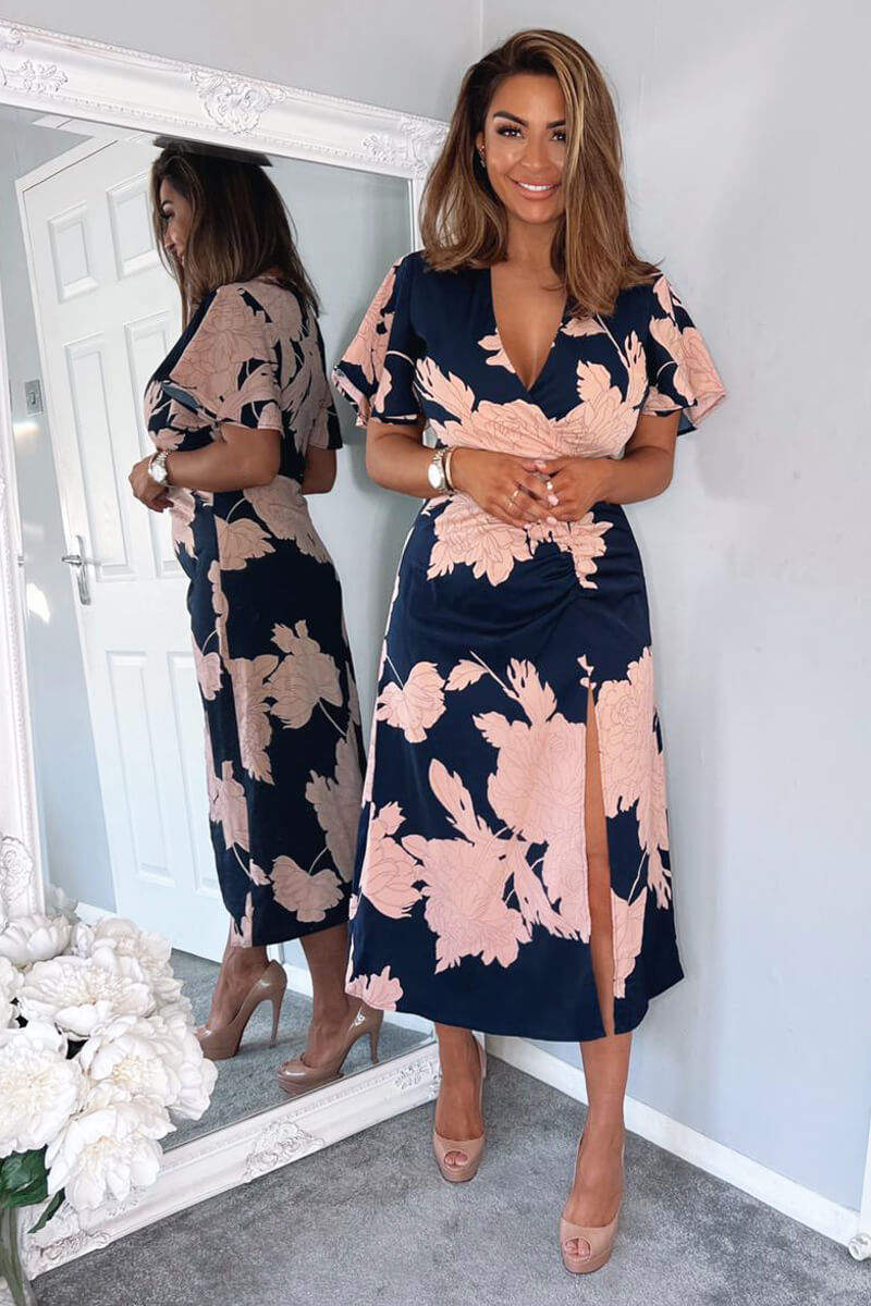 Navy And Blush Floral Print Bell Sleeve Midi Dress