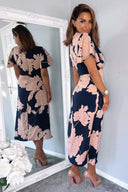 Navy And Blush Floral Print Bell Sleeve Midi Dress