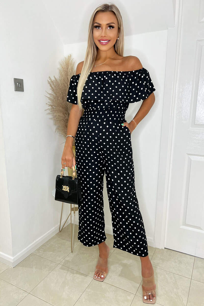 Black And White Polka Dot Bardot Jumpsuit