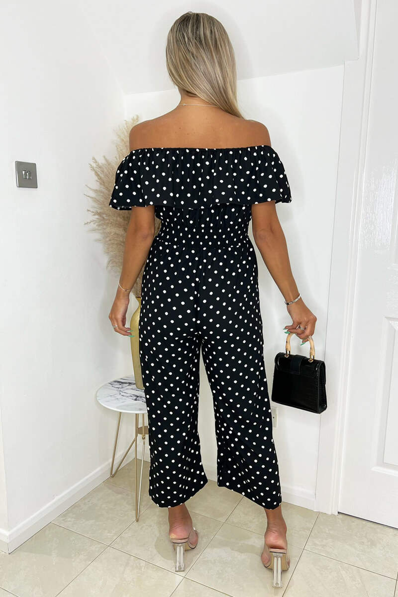 Black And White Polka Dot Bardot Jumpsuit