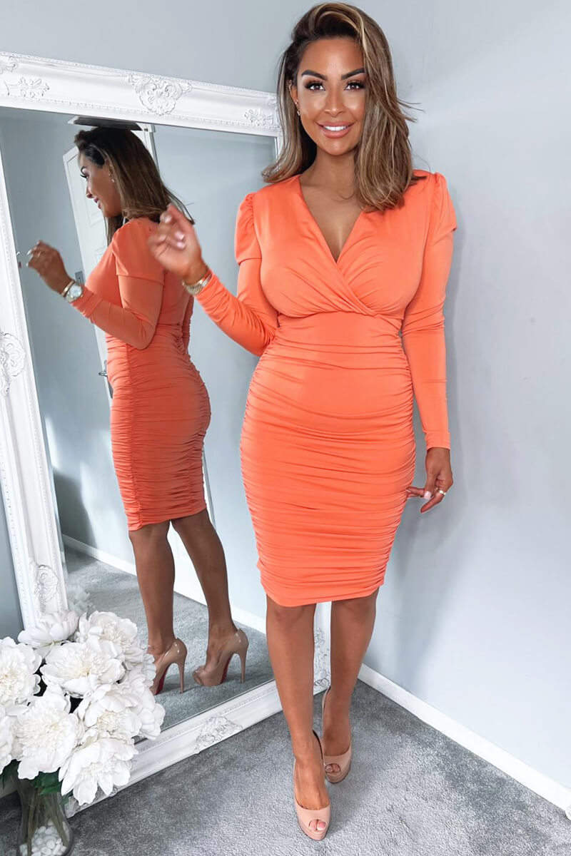 Peach Ruched Long Sleeve Cross Front Midi Dress