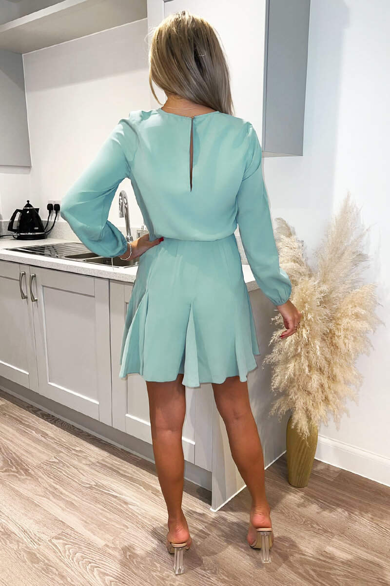 Duck Egg Long Sleeve Frill Skirt Dress