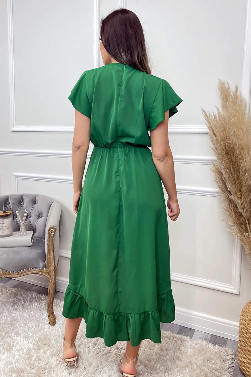 Green Wrap Over Frill Hem Short Sleeve Midi Dress