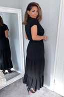 Black Short Sleeved V-Neck Midi Smock Dress