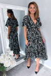 Black And Green Marble Print Dip Hem Midi Dress