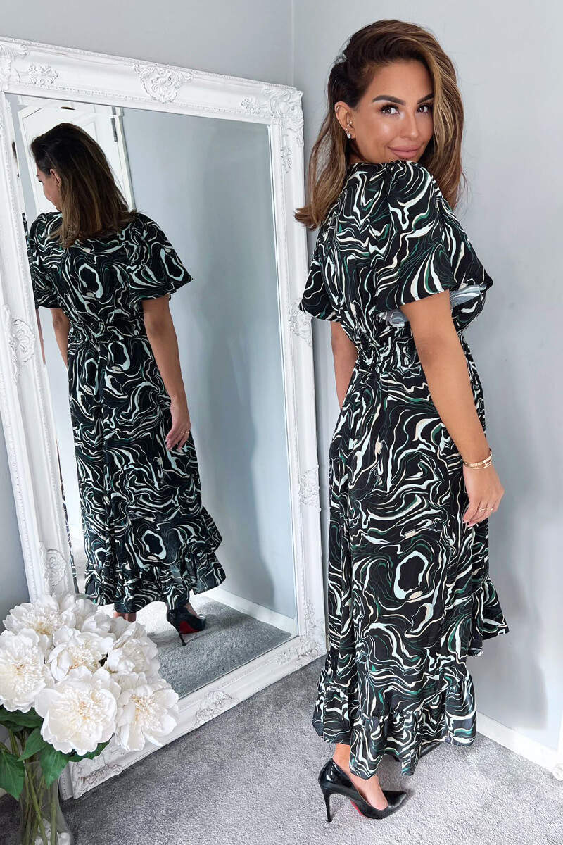 Black And Green Marble Print Dip Hem Midi Dress