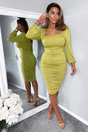 Lime Square Neck Ruched Long Sleeve Midi Dress