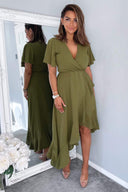 Olive Wrap Over Top Frill Hem Midi Dress