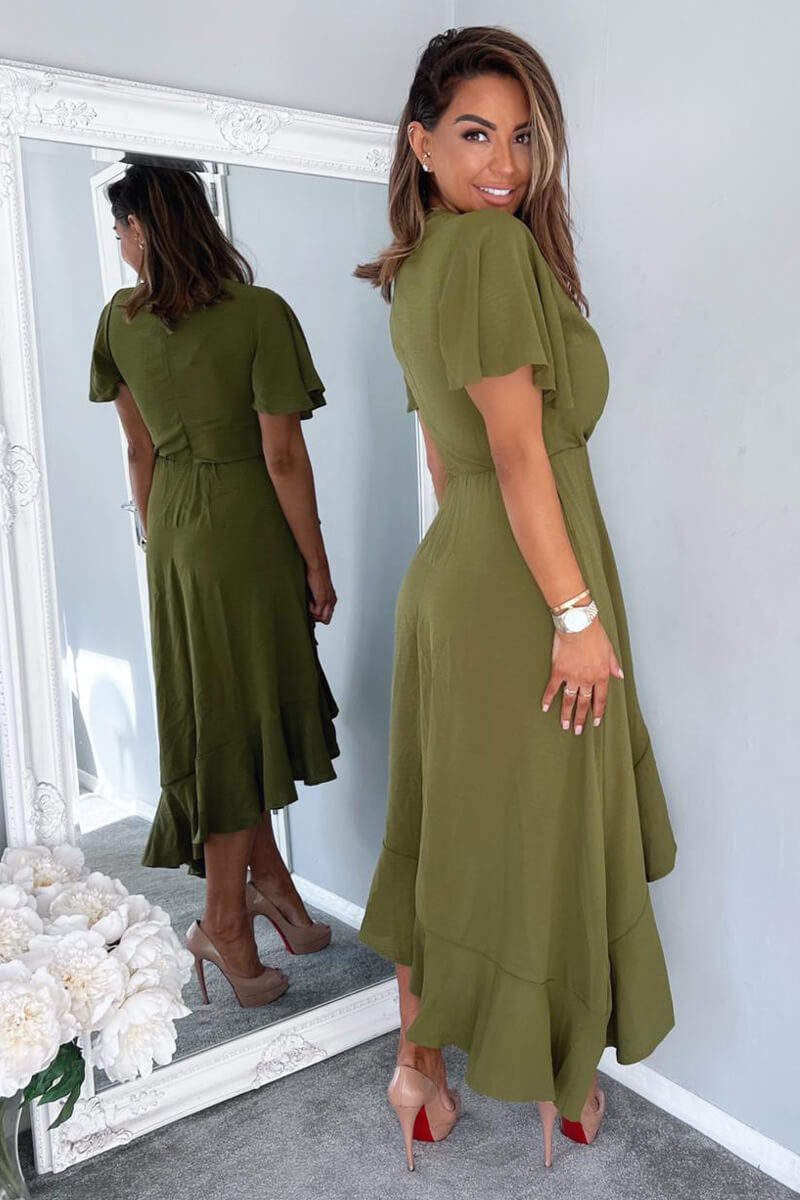 Olive Wrap Over Top Frill Hem Midi Dress