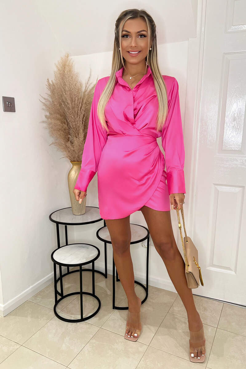 Pink Satin Wrap Shirt Dress