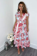 Red Cream And Blue Printed Maxi Smock Dress