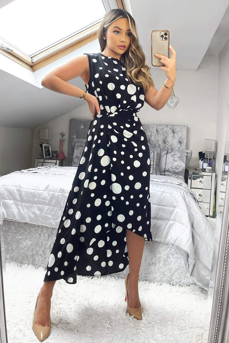 Black And White Polka Dot Gathered Midi Dress