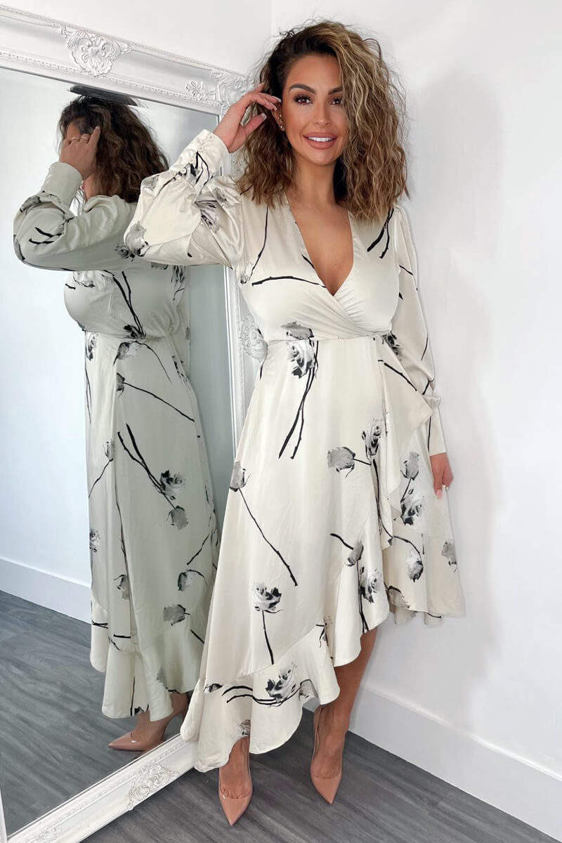 Stone Floral Printed Wrap Over Long Sleeve Dress