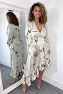 Stone Floral Printed Wrap Over Long Sleeve Dress