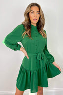 Green High Neck Button Frill Hem Dress