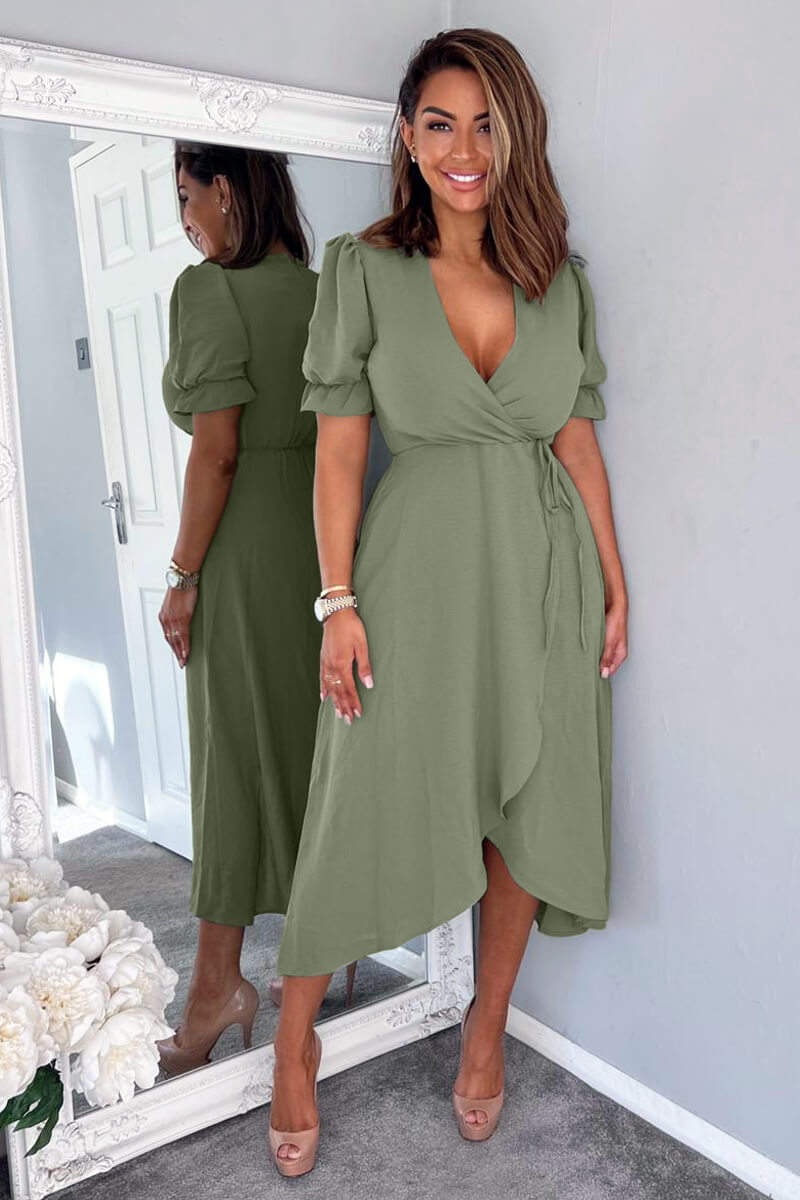 Khaki Wrap Side Tie Midi Dress