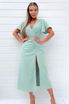 Duck Egg Ruched Split Leg Midi Dress