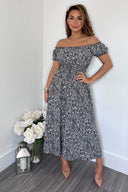 Navy Printed Elasticated Waist Bardot Midi Dress