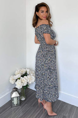 Navy Printed Elasticated Waist Bardot Midi Dress