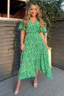 Green And White Animal Print Double Slit Midi Dress