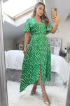 Green And White Animal Print Double Slit Midi Dress