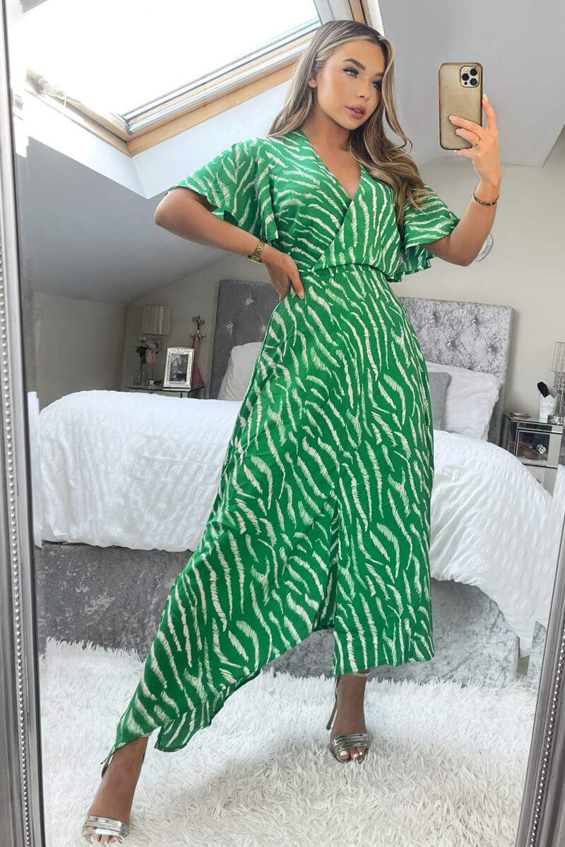 Green And White Animal Print Double Slit Midi Dress