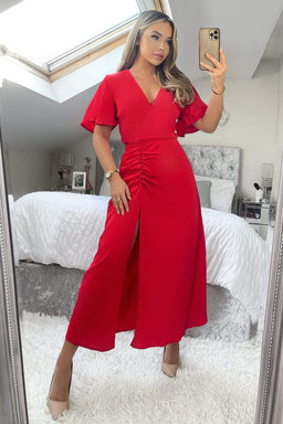Red Ruched Split Leg Midi Dress