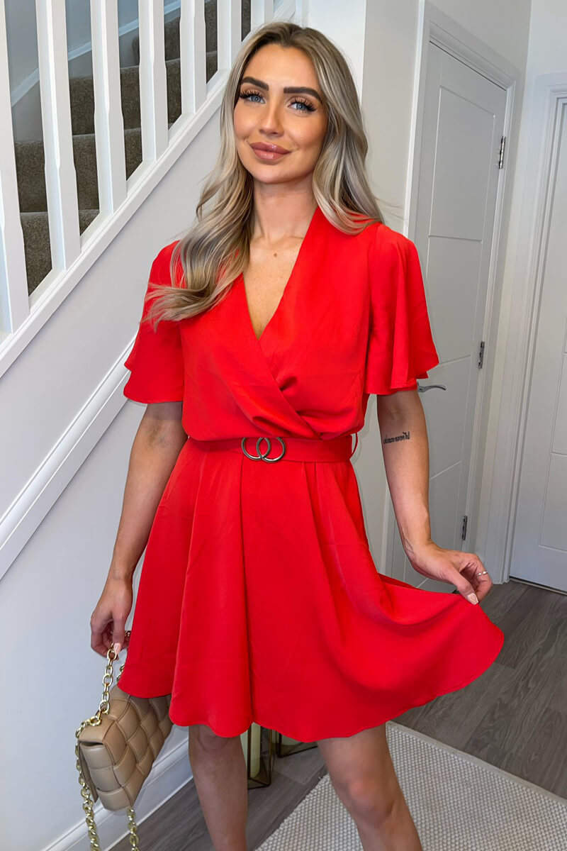 Red Wrap Over Belted Skater Dress With Short Sleeves