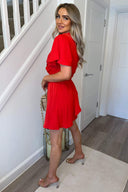 Red Wrap Over Belted Skater Dress With Short Sleeves