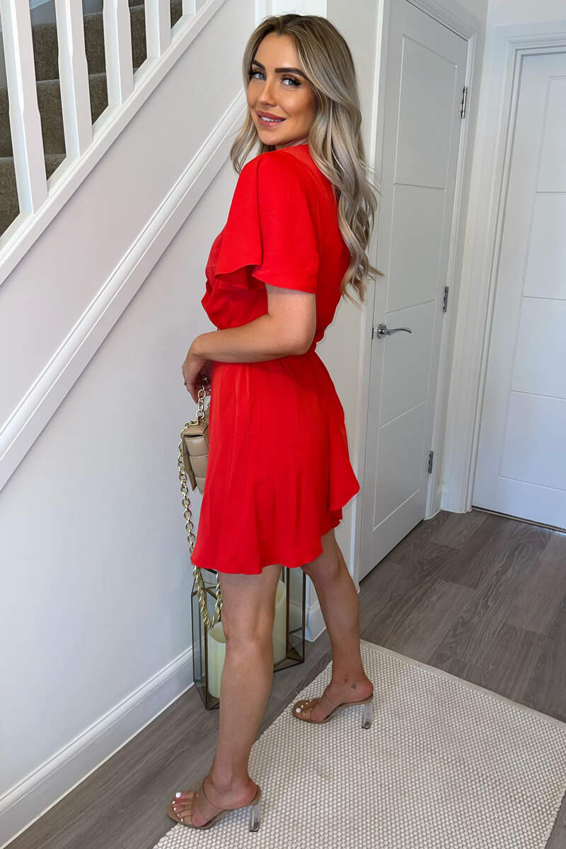 Red Wrap Over Belted Skater Dress With Short Sleeves
