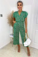 Green And White Printed Wrap Over Frill Sleeve Jumpsuit
