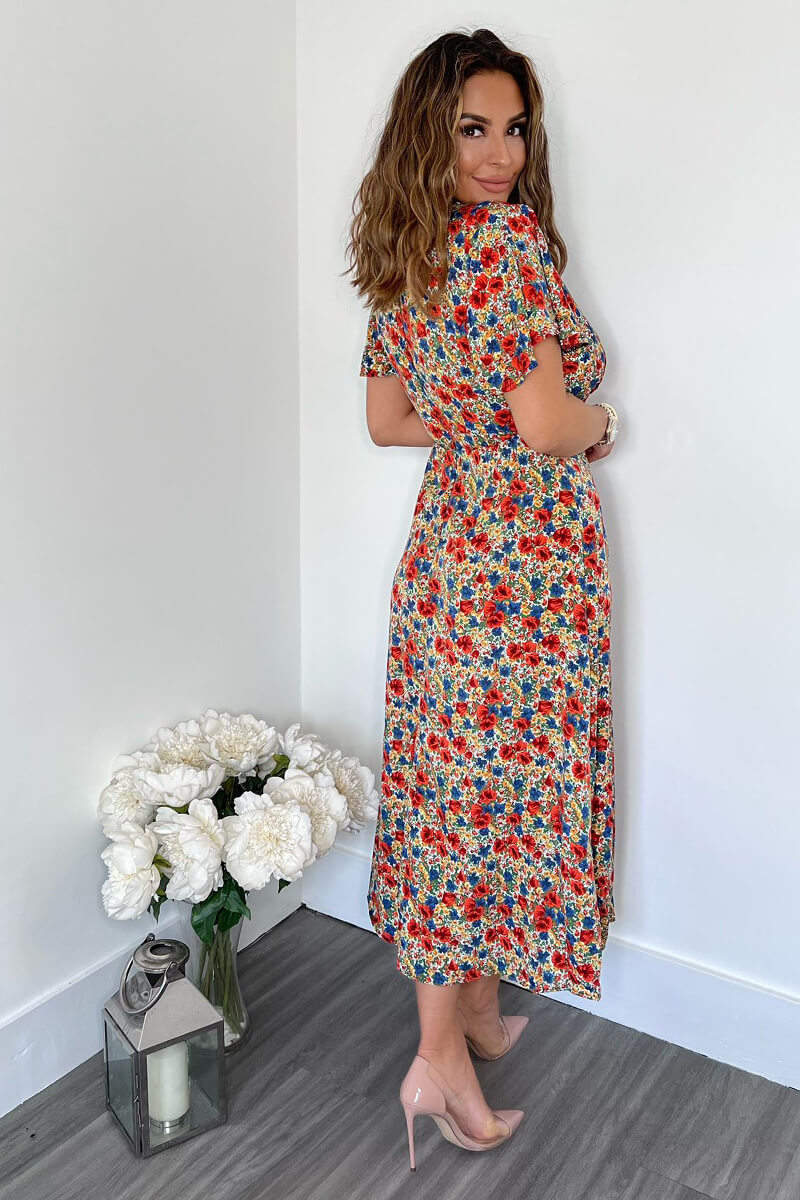 Multi Floral V Neck Butterfly Sleeve Midi Dress