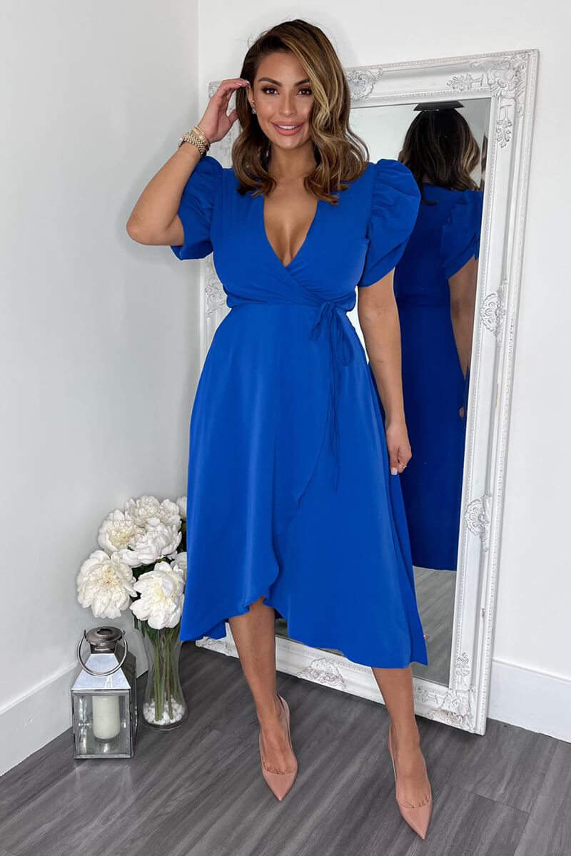 Blue Wrap Over Tie Midi Dress