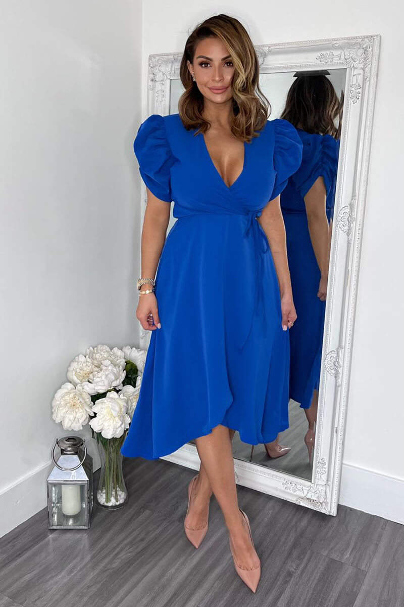 Blue Wrap Over Tie Midi Dress