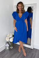 Blue Wrap Over Tie Midi Dress