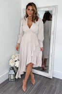 Stone Long Sleeve Frill Wrap Midi Dress