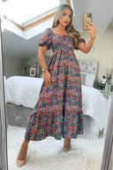 Navy And Orange Floral Printed Puff Sleeve Smock Dress