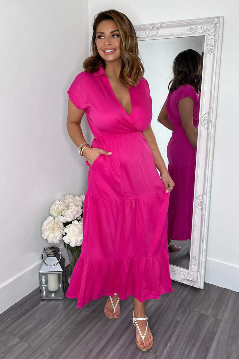 Hot Pink Short Sleeved V-Neck Midi Smock Dress