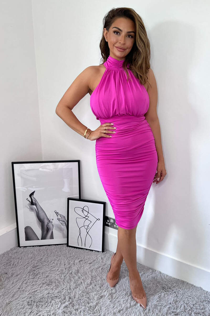 Hot Pink Ruched High Neck Midi Dress
